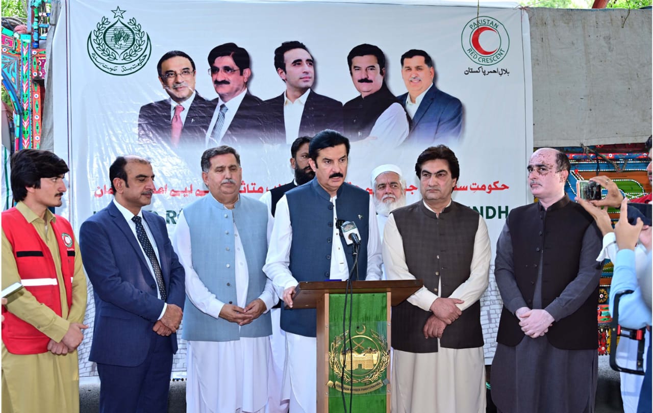 Kundi, speaking to the media after receiving relief supplies sent by PDMA Sindh for flood victims in Chitral at Governor House Peshawar.