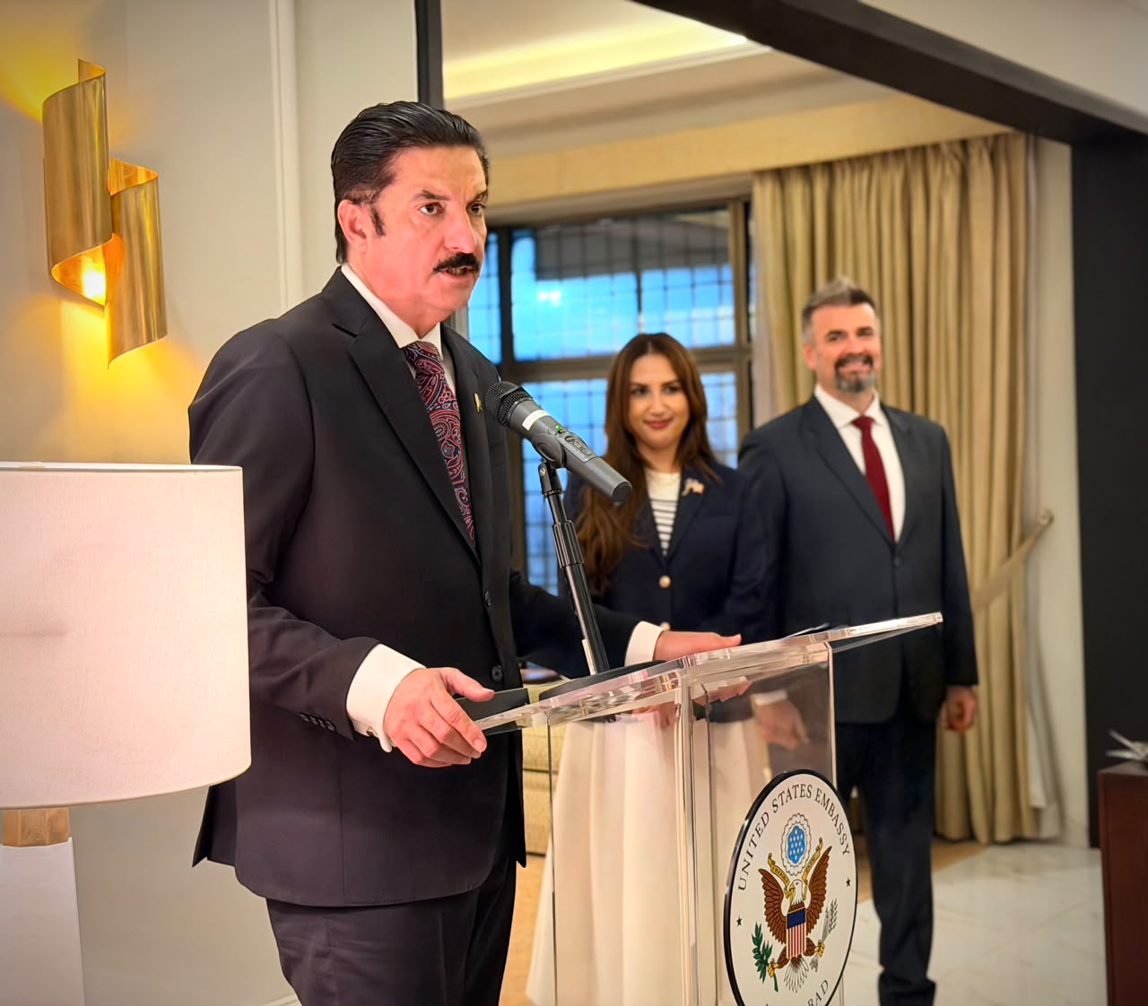 Kundi is addressing a farewell reception held in Peshawar in honor of U.S. Consul General Tom Eckert.