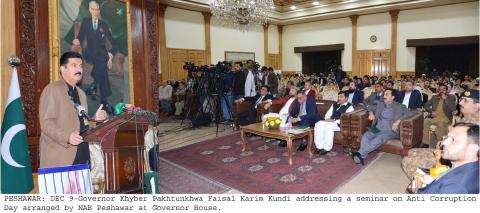 Governor Khyber Pakhtunkhwa Faisal Karim Kundi  Addressing a Seminar on Anti-Corruption Day arranged by NAB Peshawar  at Governor House.