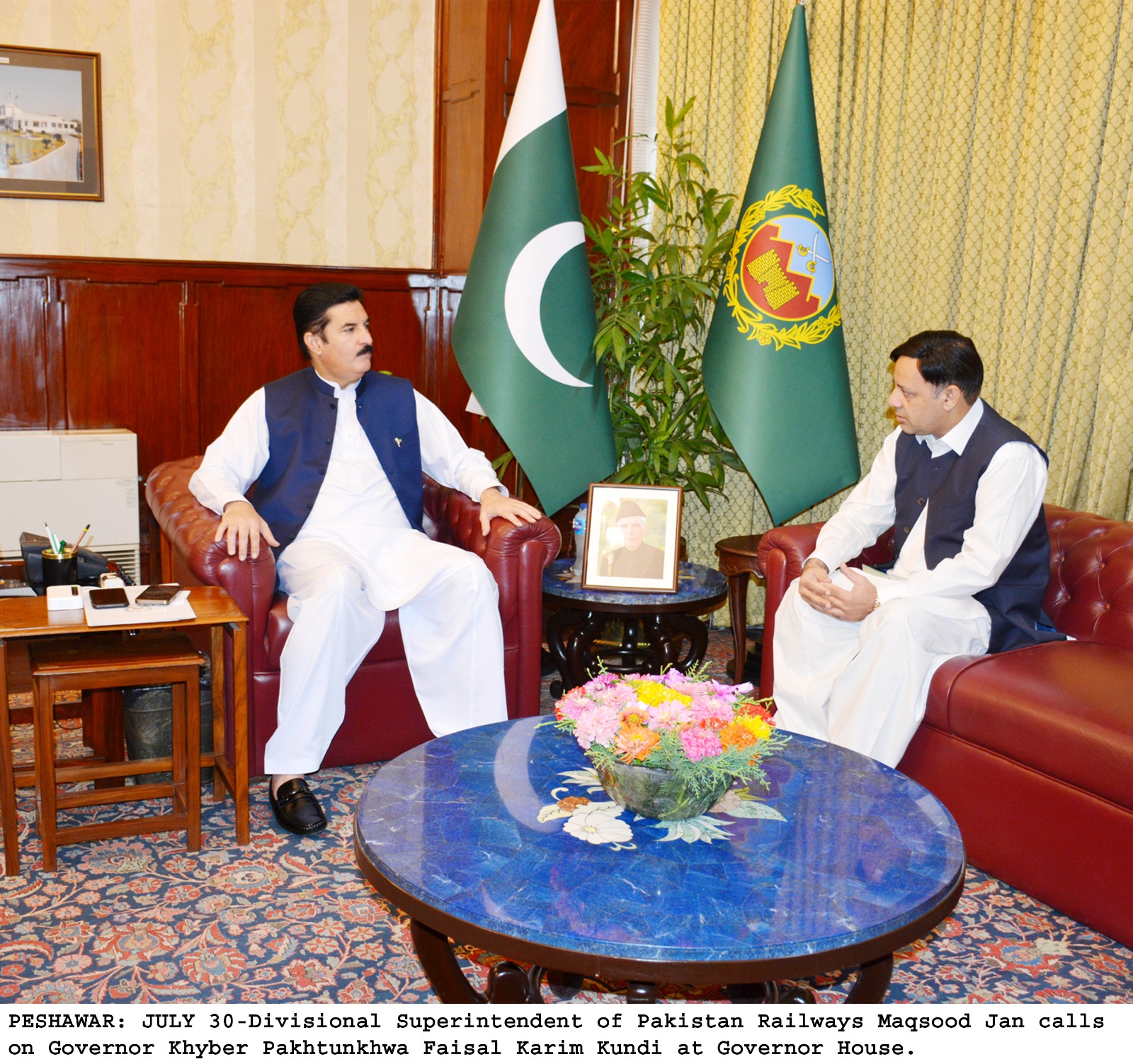 Divisional Superintendent of pakistan railway maqsood jan calls on Governor Khyber Pakhtunkhwa Faisal Karim Kundi  at Governor House 