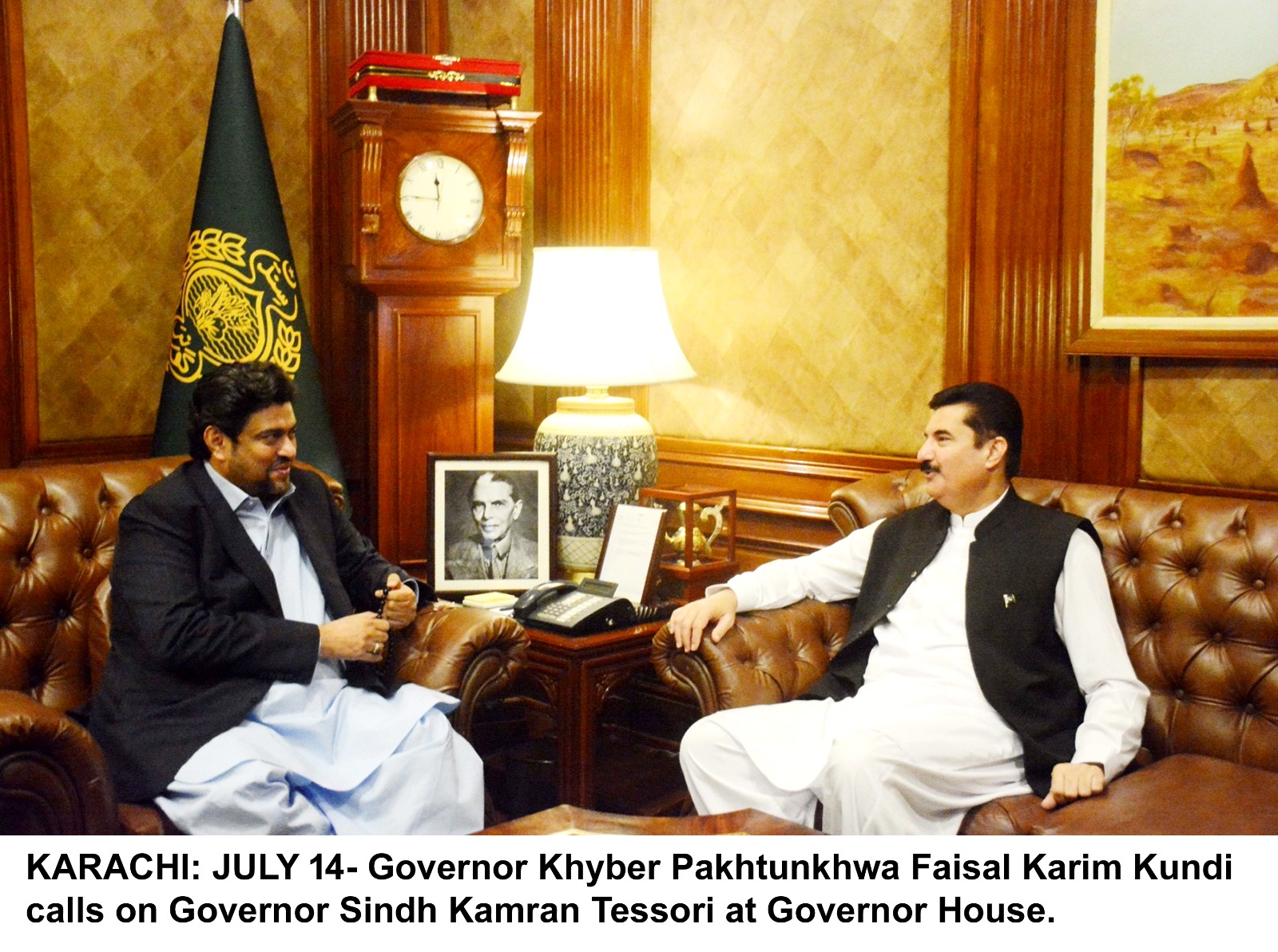 Governor Khyber Pakhtunkhwa Faisal Karim Kundi call on Governor Sindh kamran Tessori  at Governor House.