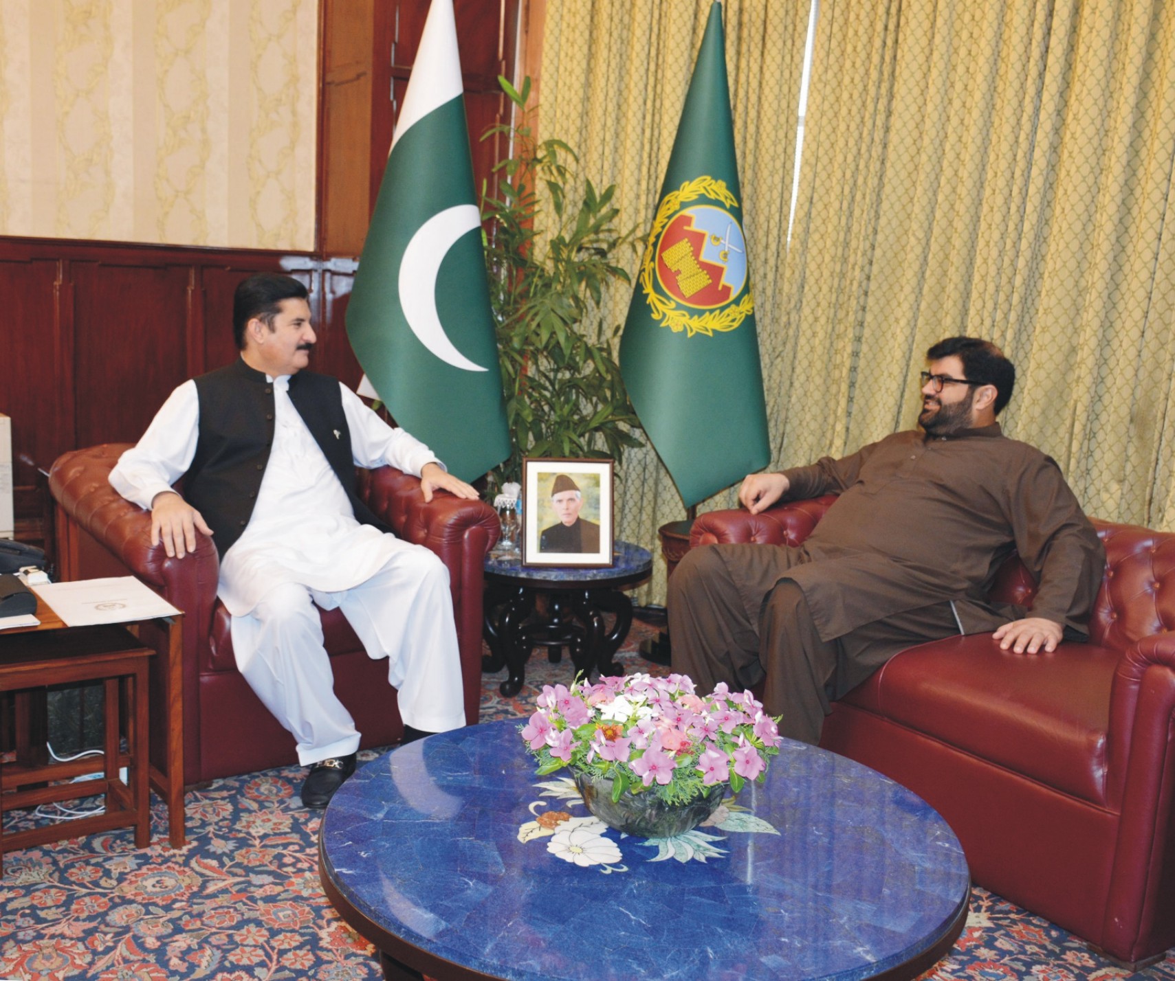 Governor Khyber Pakhtunkhwa Faisal Karim Kund exchanges dialogues with ANP Central President Senator Aimal Wali Khan, who visited Governor House on WEDNESDAY.