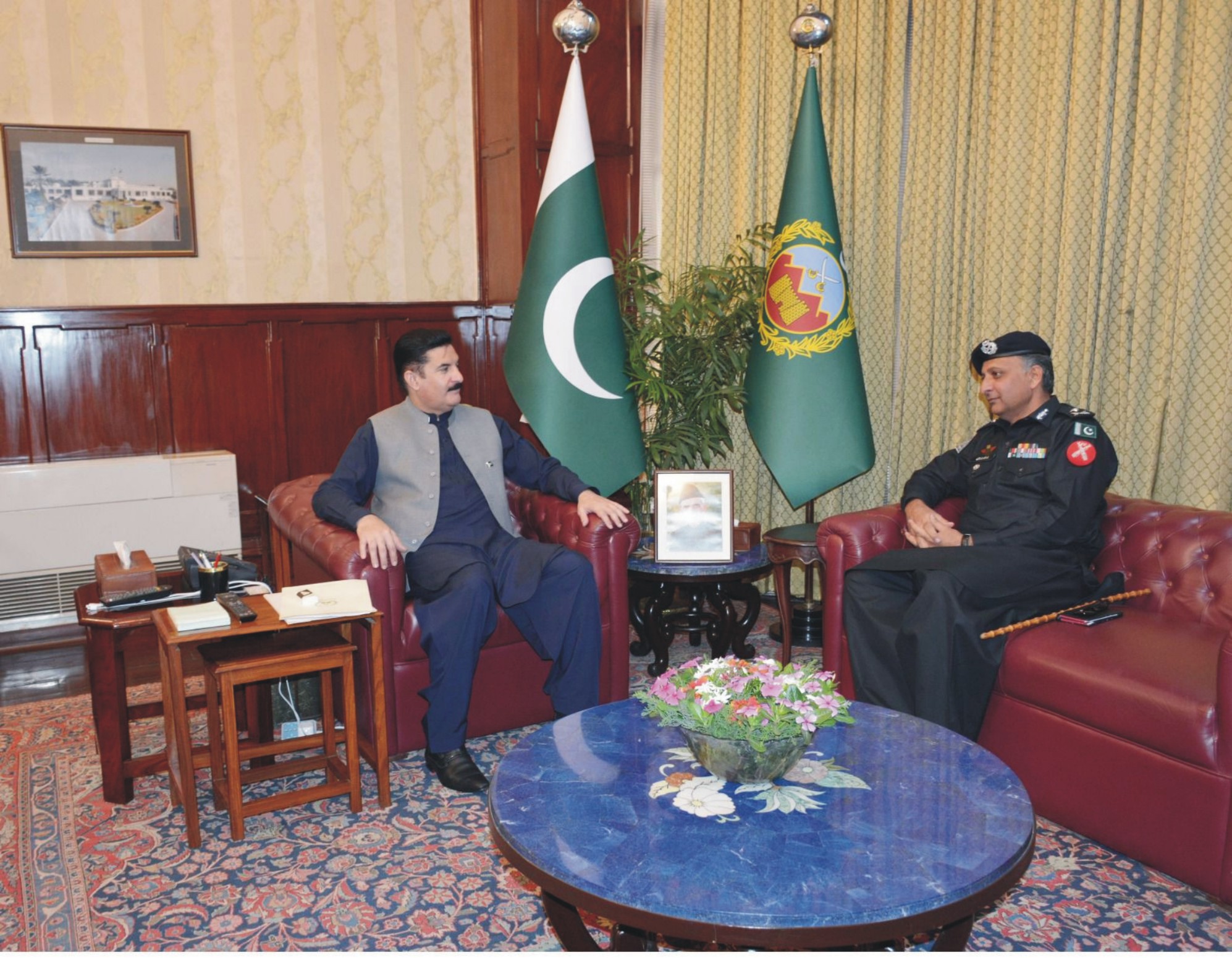 GOVERNOR KHYBER PAKHTUNKHWA FAISAL KARIM KUNDI CALLED ON BY COMMANDANT FRONTIER CONSTABULARY MUHAMMAD RIAZ NAZIR GARA AT GOVERNOR HOUSE.