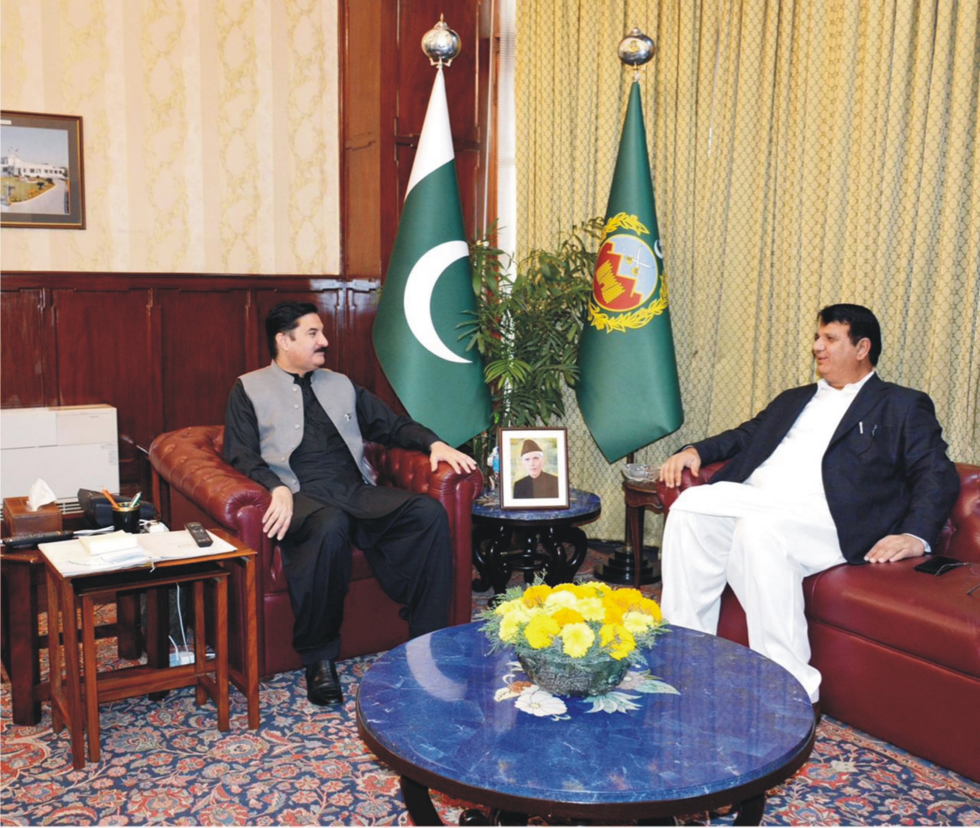 Federal Minister SAFRON, Kashmir & Gilgit Baltistan affairs Engr. Amir Muqam meets Governor Khyber Pakhtunkhwa Faisal Karim Kundi at Governor House.