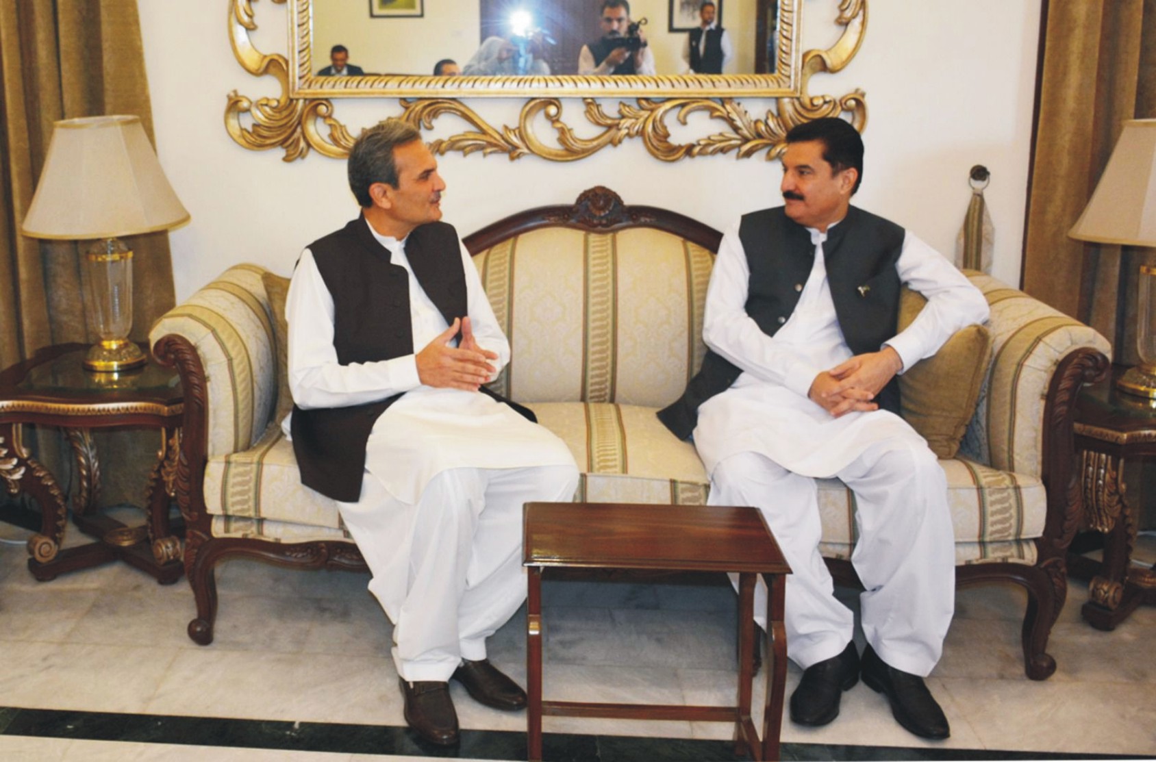 Governor Khyber Pakhtunkhwa Faisal Karim Kundi meets with ANP leader and Former Chief Minister Amir Haider Khan Hoti at his residence in Mardan.