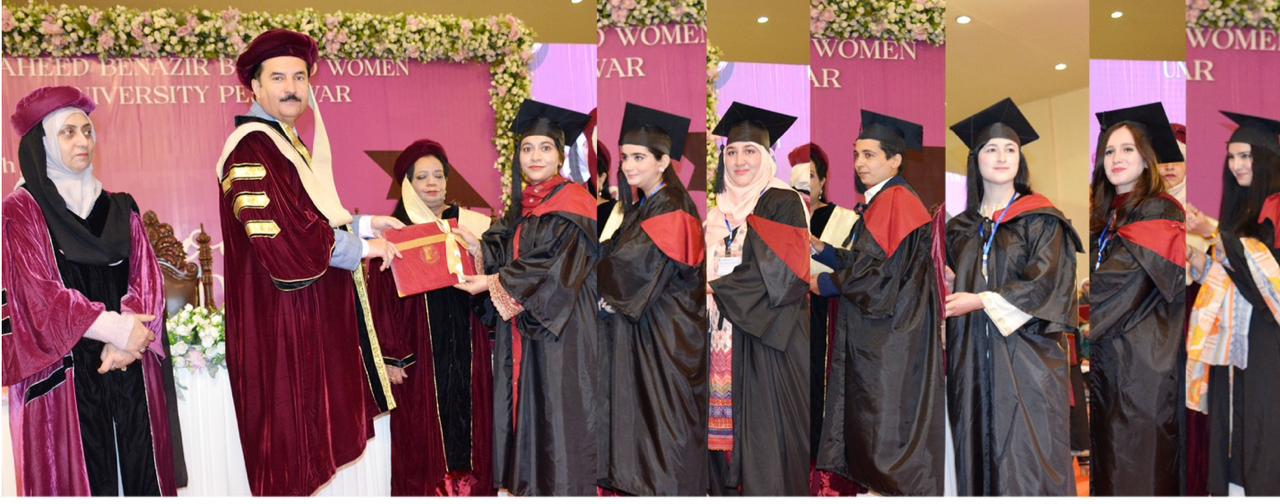 Governor Khyber Pakhtunkhwa Faisal Karim Kundi giving away degree certificates to graduating students at the 8th Convocation of Shaheed Benazir Bhutto Women University Peshawar on THURSDAY.