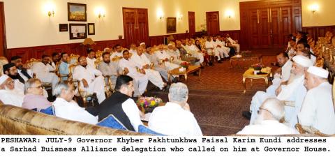 Governor Khyber Pakhtunkhwa Faisal Karim Kundi addresses a Sarhad Business Alliance Delegation  who called on him at Governor House 