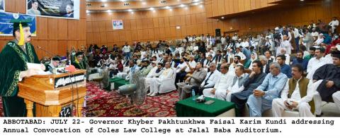 Governor Khyber Pakhtunkhwa Faisal Karim Kundi attends as chief guest the Annual Convocation of the College of Legal & Ethical Studies(COLES) Abbotabad and awarded degrees certificate to the graduates on Monday.