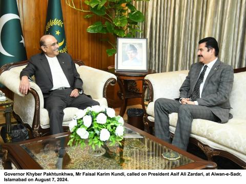 Governor Khyber Pakhtunkhwa Faisal Karim Kundi calls on President of Pakistan Asif Ali Zardari at Aiwan-e-Sadar, Islamabad on Wednesday.