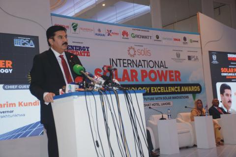 Governor Khyber Pakhtunkhwa Faisal Karim Kundi as chief guest  addressing 1st International Solar Power Conclave and Technology Excellence Awards ceremony in Lahore.