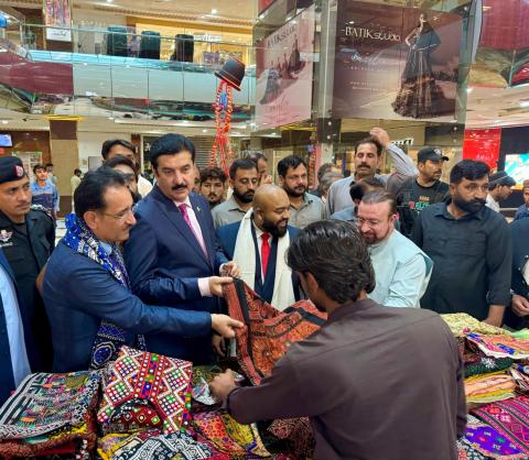 Governor Khyber Pakhtunkhwa Faisal Karim Kundi visiting stalls in the ARTISTANS AT WORK Exhibition at Centarus Mall, Islamabad on Monday.