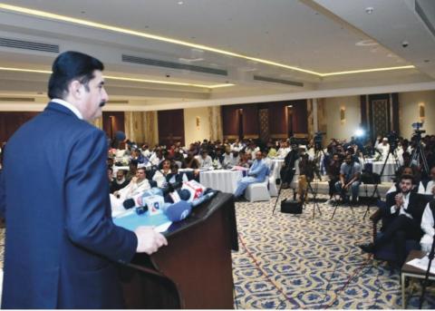 Governor Khyber Pakhtunkhwa Faisal Karim Kundi addressing Pakistan Chamber of Education Oath Taking ceremony at Marriott Hotel.