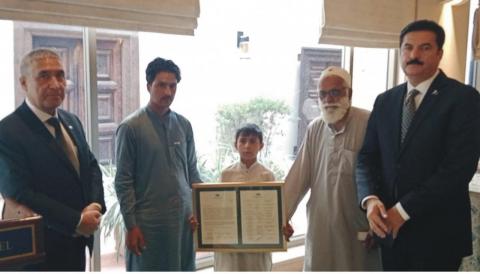 Governor Khyber Pakhtunkhwa Faisal Karim Kundi, along with ambassadors of different countries, presents condolences letter to family members of Martyred Police Constable Burhan Ali at Serena Hotel.