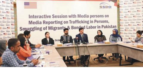 Governor Khyber Pakhtunkhwa Faisal Karim Kundi attends Interactive session with media persons on Trafficking in persons, smuggling of Migrants & Bonded Labor in Pakistan arranged by Sustainable Social Development  Organization (SSDO) in Islamabad on Friday.