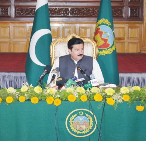 Governor Khyber Pakhtunkhwa Faisal Karim Kundi addressing press conference at Governor House Peshawar on Wednesday.