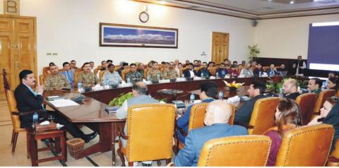 Governor Khyber pakhtunkhwa Faisal Karim Kundi exchanges views in the interactive session with the participants of 26th NDU National Security Workshop who visited Governor House Peshawar on WEDNESDAY.